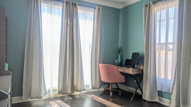 office featuring ornamental molding, baseboards, and wood finished floors