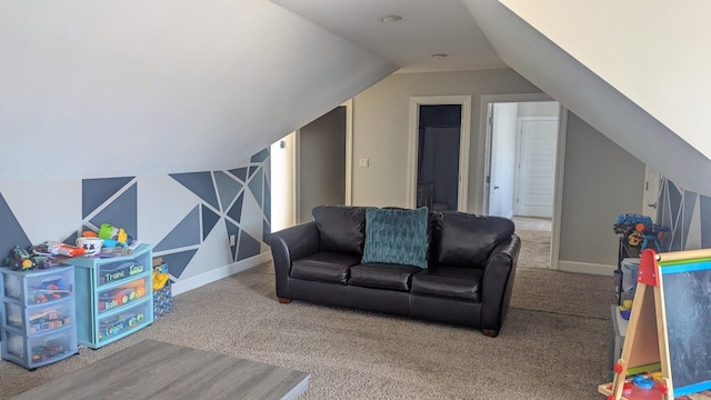 game room with lofted ceiling, carpet, and baseboards