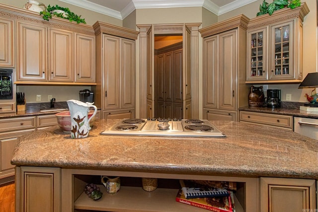 kitchen featuring electric stovetop, a kitchen island, built in study area, open shelves, and crown molding