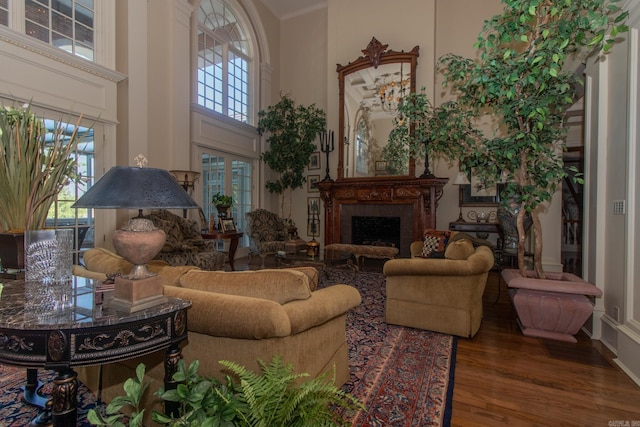 living room featuring a healthy amount of sunlight, a fireplace, wood finished floors, and a towering ceiling