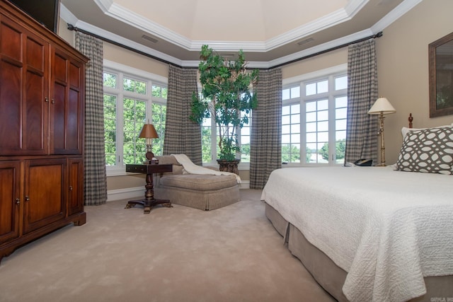 bedroom with light carpet, visible vents, and crown molding