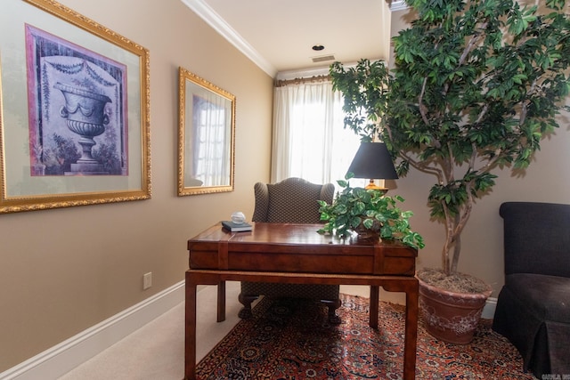 carpeted office space with ornamental molding, a baseboard radiator, visible vents, and baseboards