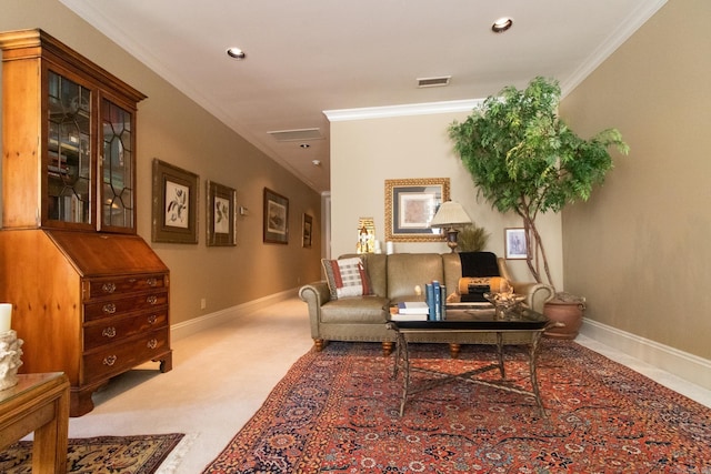 sitting room with carpet floors, crown molding, recessed lighting, visible vents, and baseboards