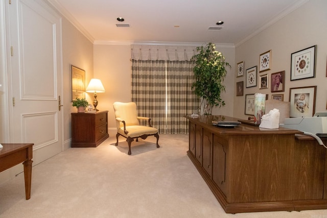 office area with light colored carpet, visible vents, and crown molding