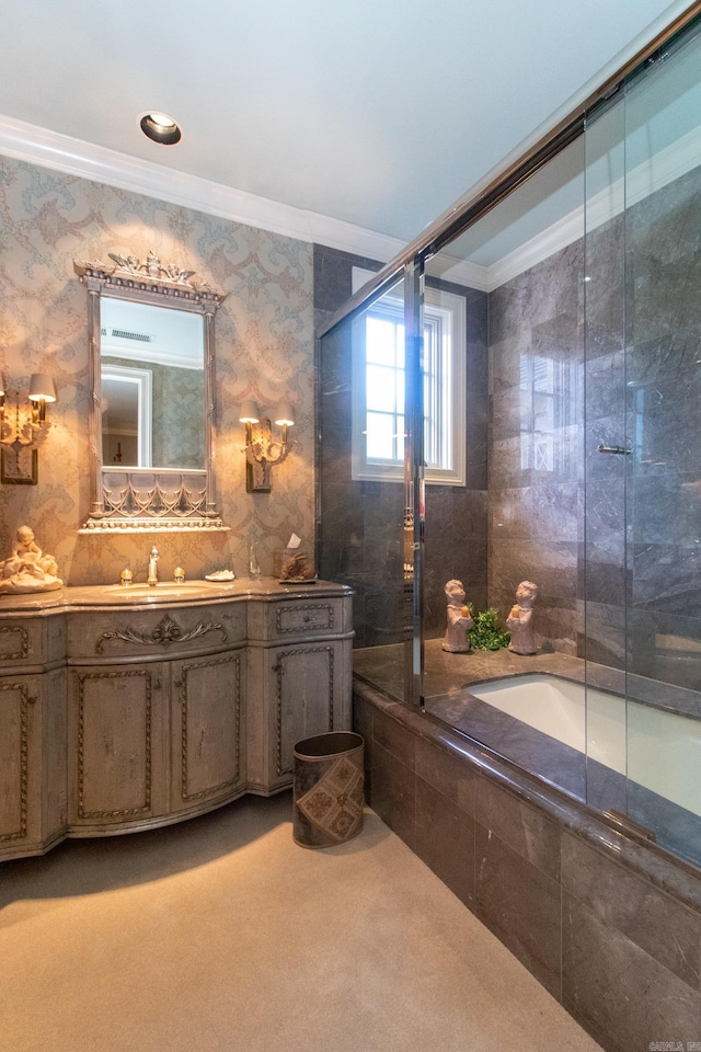 bathroom with wallpapered walls, vanity, and crown molding