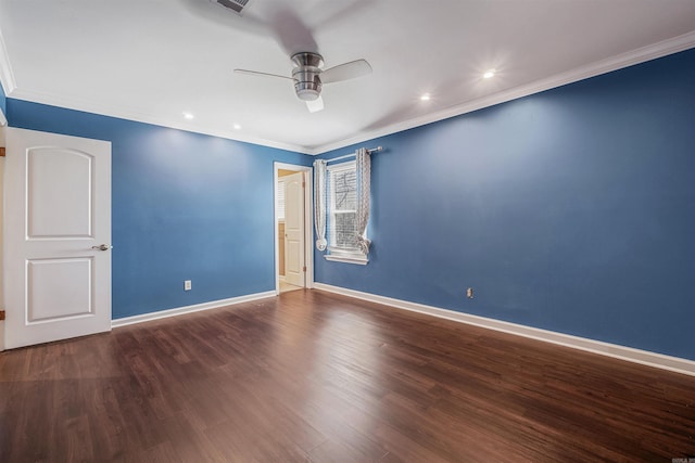 empty room featuring crown molding, recessed lighting, ceiling fan, wood finished floors, and baseboards