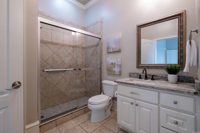 full bath with ornamental molding, a stall shower, toilet, and tile patterned floors