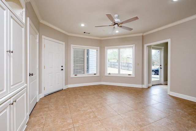 empty room featuring light tile patterned floors, recessed lighting, visible vents, baseboards, and ornamental molding