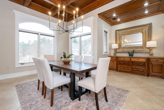 dining area featuring beam ceiling, crown molding, light tile patterned floors, coffered ceiling, and baseboards