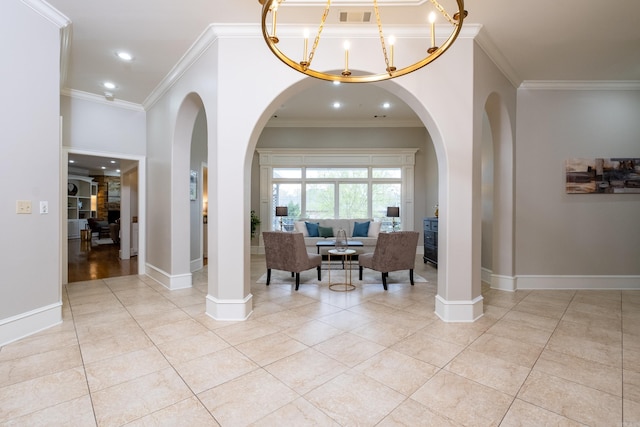 entrance foyer featuring ornamental molding, light tile patterned flooring, visible vents, and baseboards