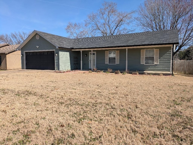 single story home with a garage, driveway, roof with shingles, and fence