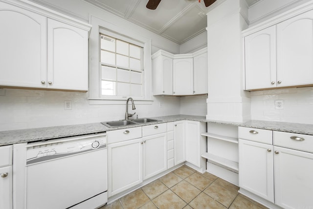 kitchen featuring light tile patterned floors, ceiling fan, white dishwasher, a sink, and crown molding