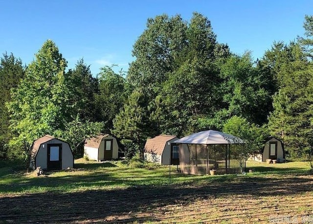 view of yard with a storage shed and an outbuilding