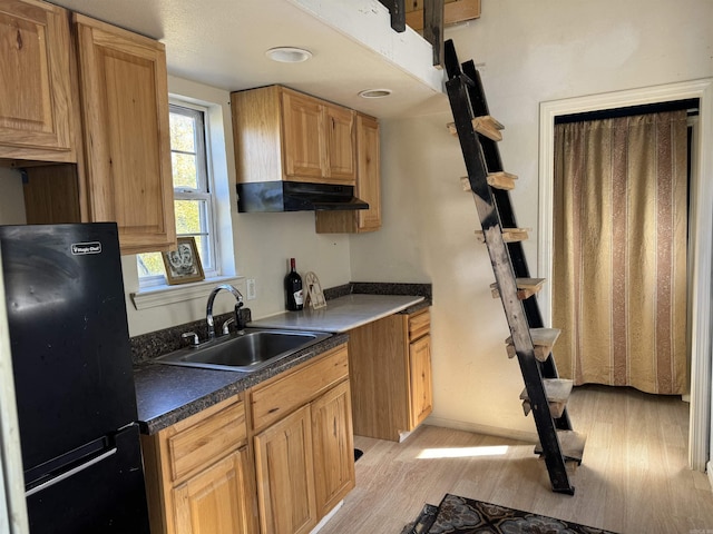 kitchen with dark countertops, freestanding refrigerator, a sink, light wood-type flooring, and under cabinet range hood