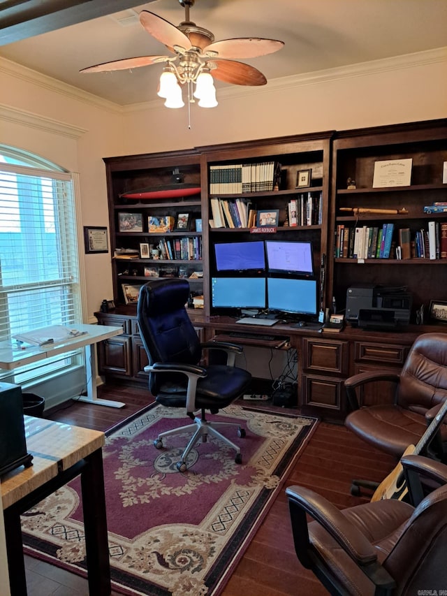 office featuring ornamental molding, wood finished floors, and a ceiling fan