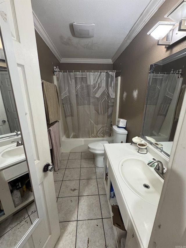 bathroom featuring a textured ceiling, ornamental molding, tile patterned flooring, and toilet