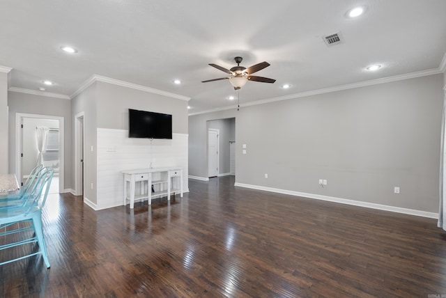 unfurnished living room with ceiling fan, dark wood finished floors, visible vents, and recessed lighting