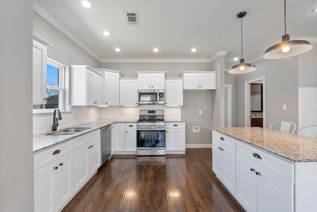 kitchen featuring visible vents, dark wood finished floors, a sink, stainless steel appliances, and backsplash