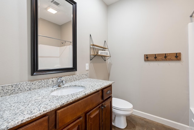 bathroom with baseboards, visible vents, a shower, toilet, and vanity