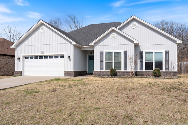 modern inspired farmhouse featuring a garage, brick siding, concrete driveway, roof with shingles, and a front yard