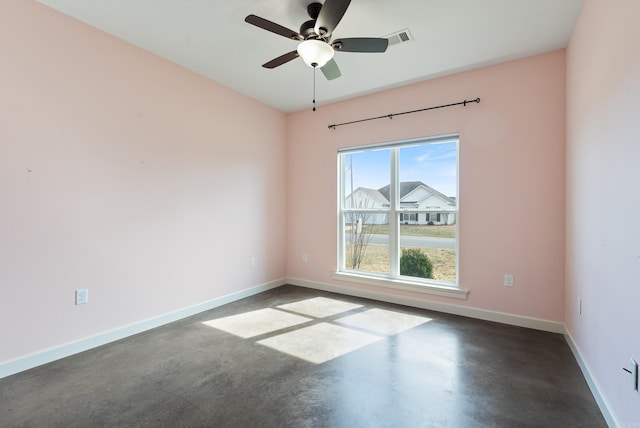 unfurnished room with baseboards, concrete floors, visible vents, and ceiling fan