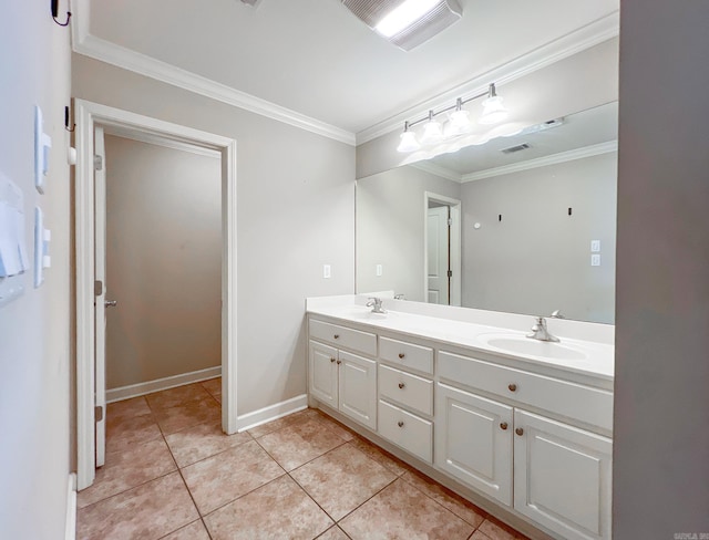 full bath featuring crown molding, visible vents, tile patterned floors, and a sink