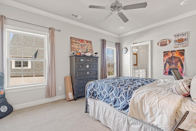 bedroom featuring light colored carpet, visible vents, ornamental molding, multiple windows, and baseboards