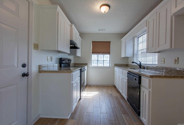 kitchen featuring light wood finished floors, white cabinets, under cabinet range hood, black appliances, and a sink