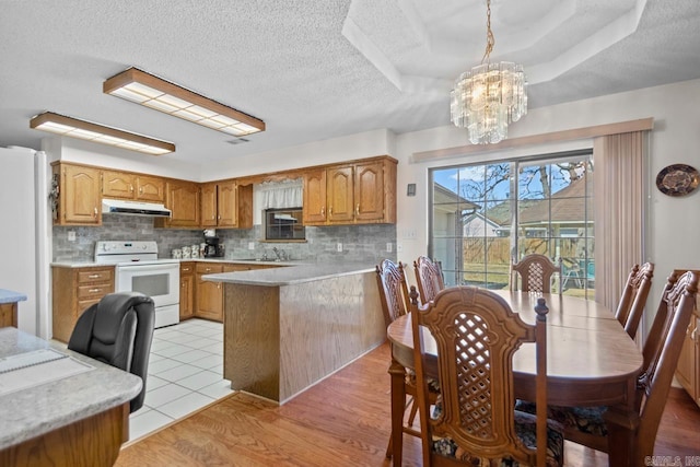 kitchen with white appliances, a peninsula, light countertops, under cabinet range hood, and a sink