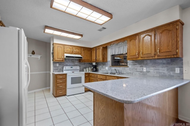 kitchen with visible vents, a sink, a peninsula, white appliances, and under cabinet range hood