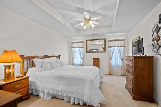 bedroom with a tray ceiling, multiple windows, and a textured ceiling