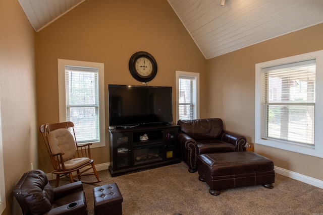 carpeted living area featuring high vaulted ceiling, wood ceiling, and baseboards