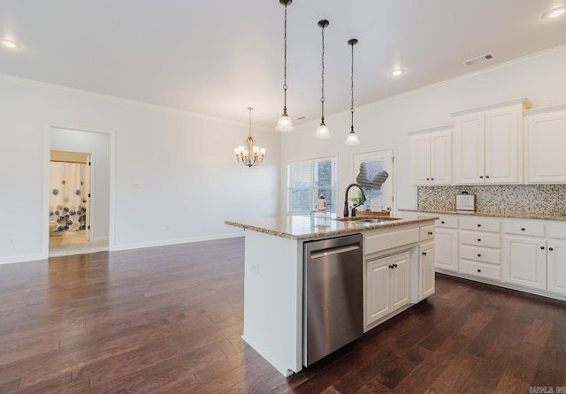 kitchen with a sink, visible vents, dishwasher, tasteful backsplash, and crown molding