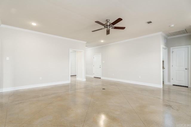 empty room featuring baseboards, finished concrete floors, visible vents, and recessed lighting