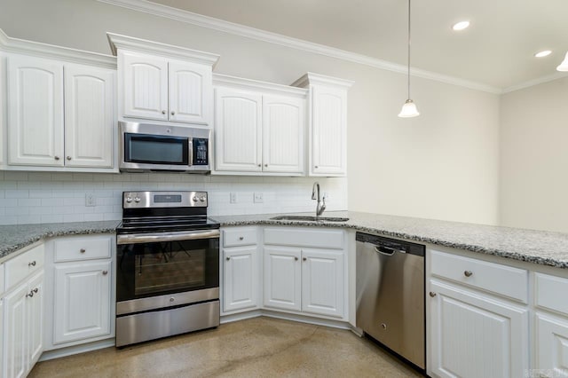 kitchen with crown molding, backsplash, appliances with stainless steel finishes, white cabinets, and a sink