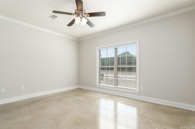 unfurnished room with a ceiling fan, visible vents, baseboards, and crown molding