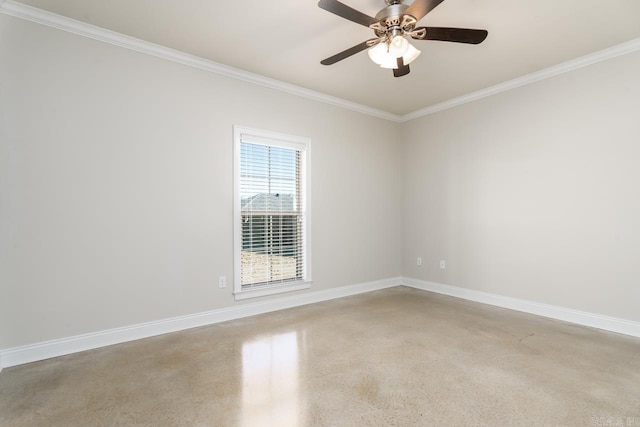 unfurnished room with a ceiling fan, ornamental molding, and baseboards