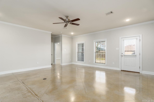 spare room with recessed lighting, visible vents, a ceiling fan, ornamental molding, and baseboards