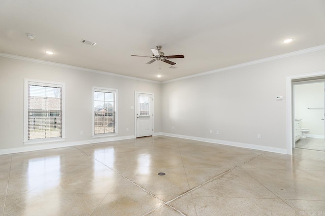 unfurnished room with recessed lighting, visible vents, ornamental molding, a ceiling fan, and baseboards