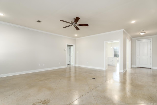 spare room with baseboards, visible vents, a ceiling fan, ornamental molding, and recessed lighting