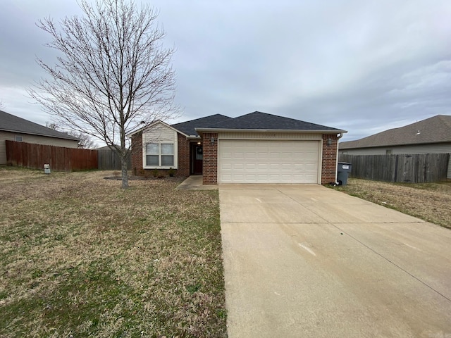 ranch-style home with brick siding, a shingled roof, fence, a garage, and driveway