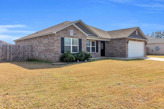 single story home featuring brick siding, fence, a garage, driveway, and a front lawn