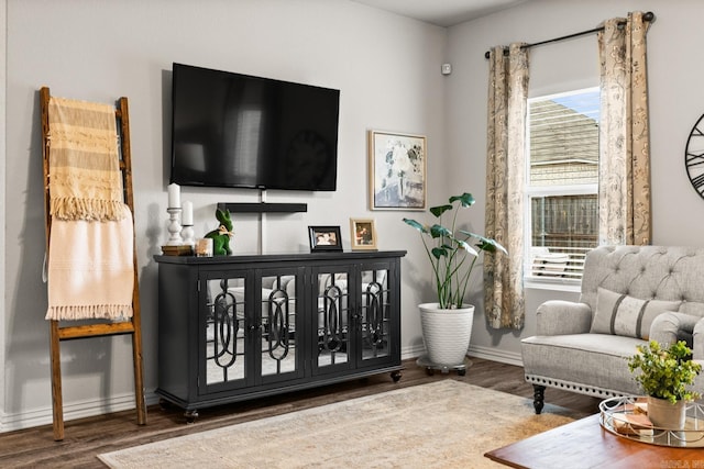 sitting room with baseboards, wood finished floors, and a healthy amount of sunlight