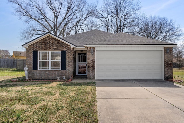 ranch-style home with brick siding, a shingled roof, concrete driveway, fence, and a garage