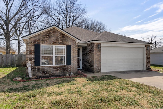 ranch-style home featuring driveway, a shingled roof, an attached garage, fence, and brick siding