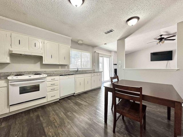 kitchen with under cabinet range hood, white appliances, a sink, visible vents, and dark wood-style floors