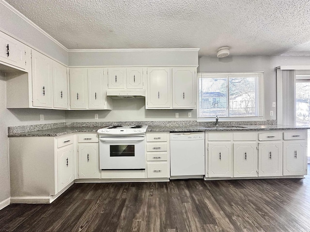 kitchen featuring white appliances, dark wood finished floors, under cabinet range hood, white cabinetry, and a sink