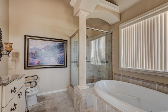 bathroom with a stall shower, baseboards, toilet, ornate columns, and a bath