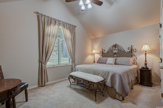 bedroom featuring light carpet, baseboards, vaulted ceiling, and a ceiling fan