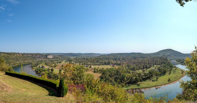 property view of mountains with a water view and a view of trees